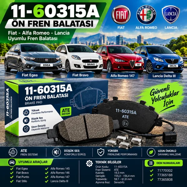 AYD 60315A ÖN FREN BALATA 2015> EGEA YENİ MODEL - BRAVO (1.4 1.6d 1.9d 2.0d 08>) DELTA 1.4 10> 1.6d 08>11>  ( ^BÜYÜK TİP^ ) Görsel 1