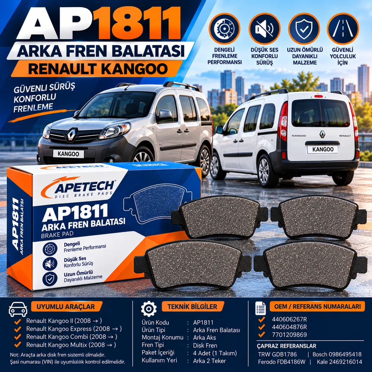 KANGOO ARKA FREN BALATA (2007-2014) AP1811