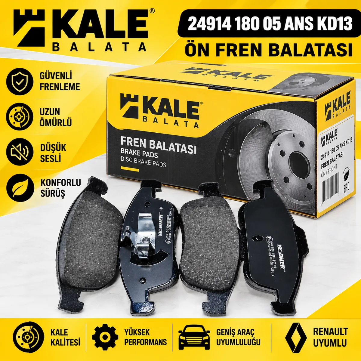 KALE  ÖN FREN BALATASI MEGANE III 09> SCENIC III 09>FLUANCE 10>DUSTER 10> LODGY 12> CAPTUR 13>1.5 Dcı - 1.6 16V KALE 24914 180 05 ANS KD13 