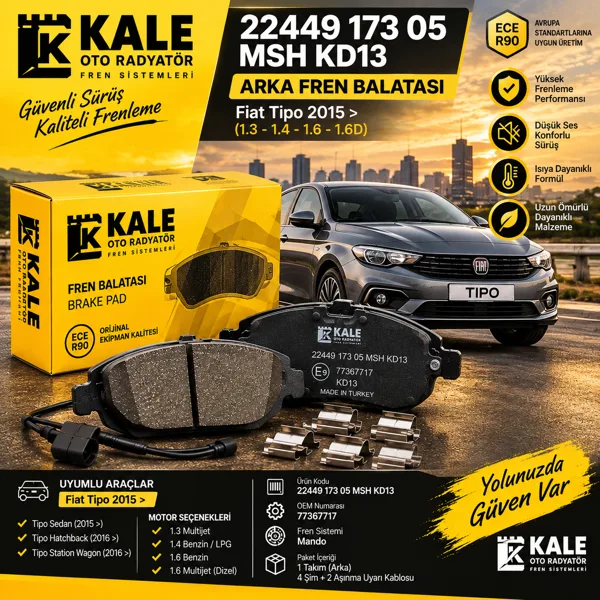 FİAT TİPO 2015> (1.3-1.4-1.6-1.6D) ARKA FREN BALATA - KALE 22449 173 05 MSH KD13 Görsel 1