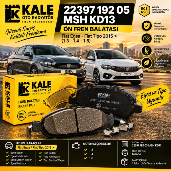 FİAT EGEA 2015> (1.3-1.4-1.6) ÖN FREN BALATA - KALE 22397 192 05 MSH KD13 Görsel 1