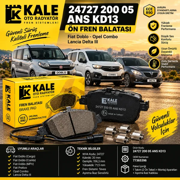 FİAT DOBLO 2010> (1.3 m.j - 1.6 hdi - 2.0 hdi ) OPEL COMBO (2012-2015) - LANCİA DELTA III (2008-2014) ÖN FREN BALATA - KALE 247 2 200 05 ANS KD13 Görsel 1